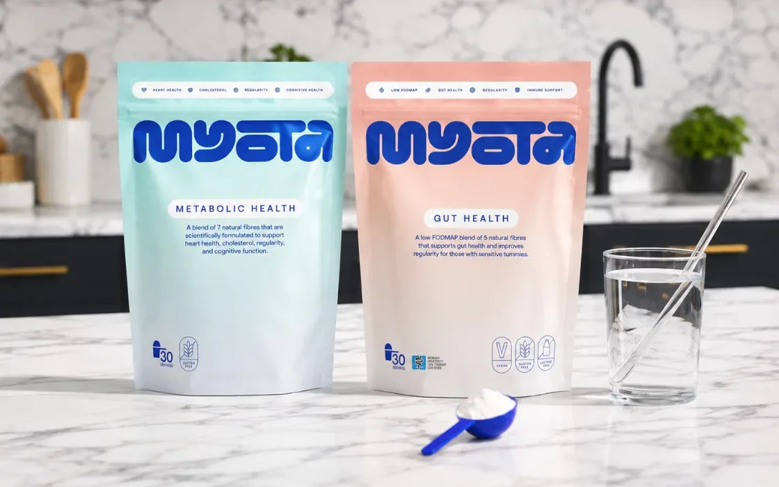 Myota Gut Health and Metabolic Health pouches on a kitchen counter